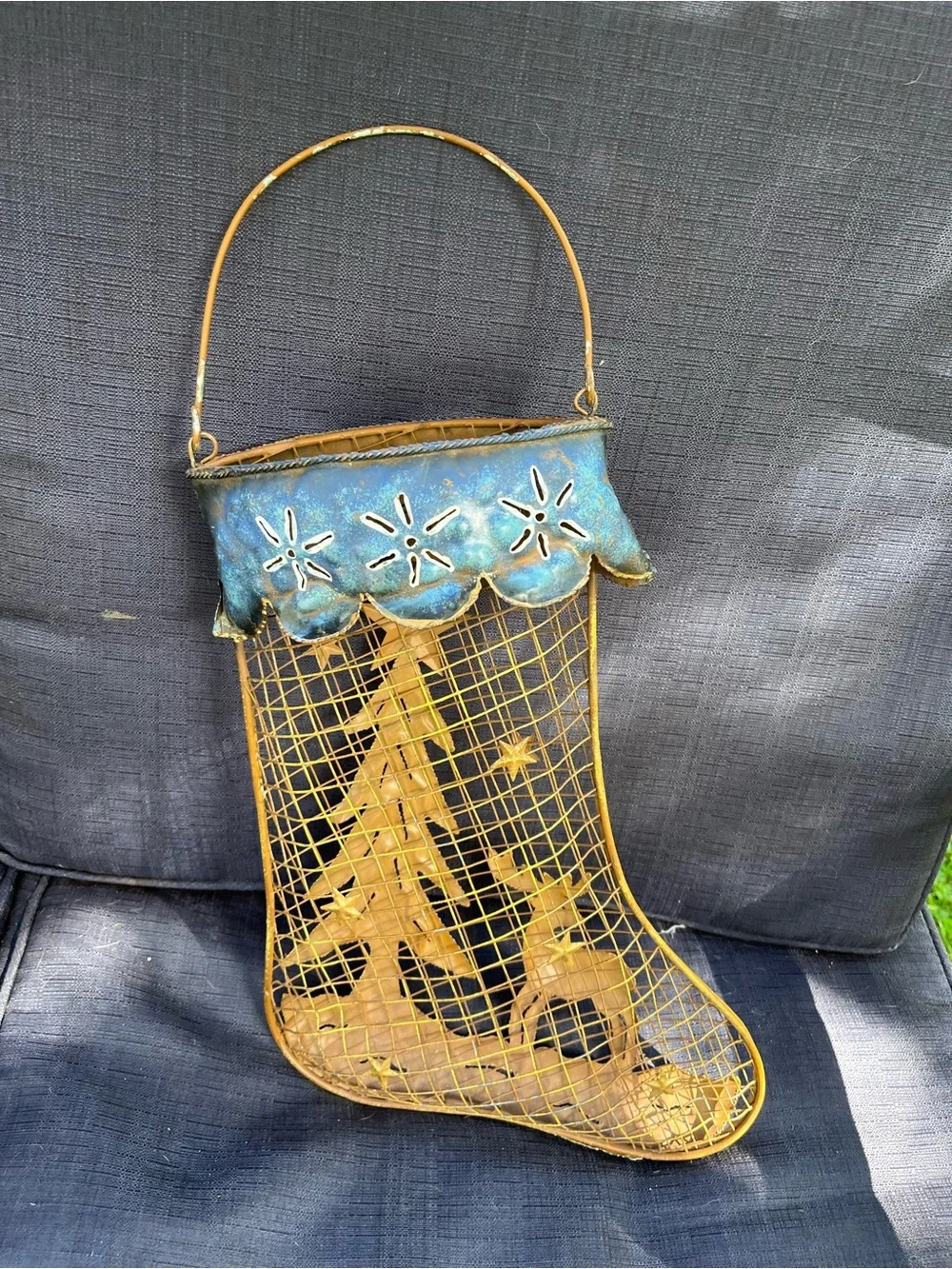 Gold and Teal Metal Christmas Stocking Wall Hanging - Unbranded